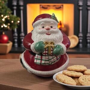 Fitz and Floyd Essentials Plaid Christmas Santa Candy Jar with Lid Small EUC
